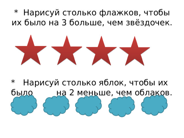 * Нарисуй столько флажков, чтобы их было на 3 больше, чем звёздочек. * Нарисуй столько яблок, чтобы их было на 2 меньше, чем облаков. 