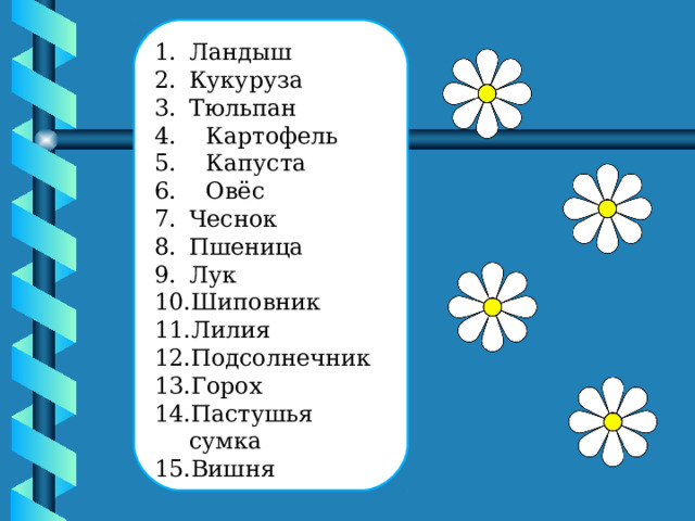 Ландыш Кукуруза Тюльпан 4. Картофель 5. . Капуста 6. Овёс Чеснок Пшеница Лук Шиповник Лилия Подсолнечник Горох Пастушья сумка Вишня 
