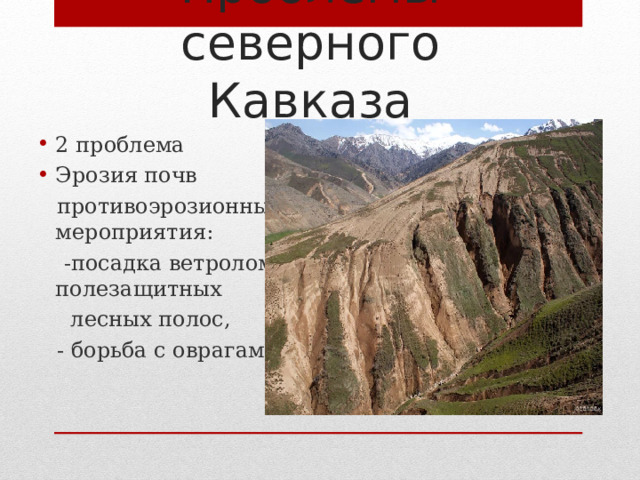 Проблемы северного Кавказа 2 проблема Эрозия почв  противоэрозионные мероприятия:  -посадка ветроломных полезащитных  лесных полос,  - борьба с оврагами. 
