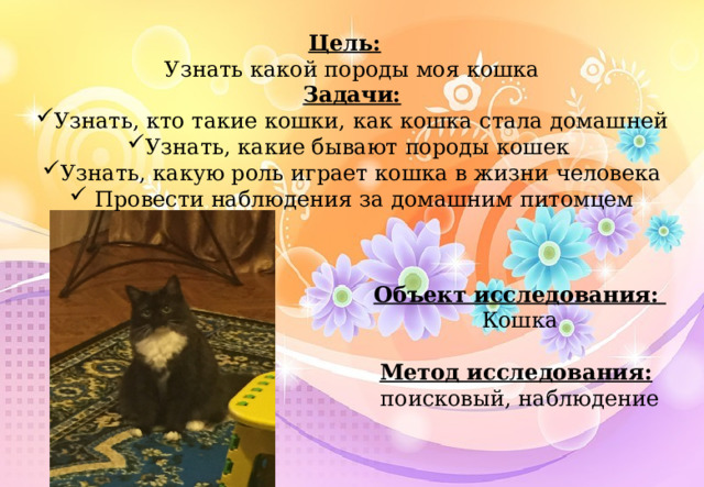 Цель:    Узнать какой породы моя кошка Задачи: Узнать, кто такие кошки, как кошка стала домашней Узнать, какие бывают породы кошек Узнать, какую роль играет кошка в жизни человека  Провести наблюдения за домашним питомцем Объект исследования:   Кошка Метод исследования:   поисковый, наблюдение 