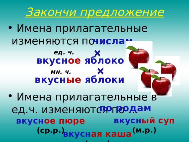 Закончи предложение  Имена прилагательные изменяются по … числам ед. ч. вкусн ое яблоко мн. ч. вкусн ые яблоки  Имена прилагательные в ед.ч. изменяются по … по родам вкусн ый суп (м.р.) вкусн ое пюре (ср.р.) вкусн ая каша (ж.р.) 