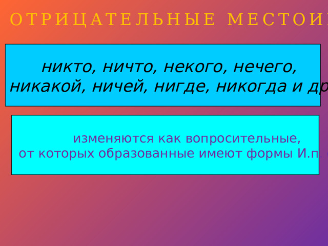 ОТРИЦАТЕЛЬНЫЕ МЕСТОИМЕНИЯ никто, ничто, некого, нечего, никакой, ничей, нигде, никогда и др.  изменяются как вопросительные,  от которых образованные имеют формы И.п. ед.ч. 
