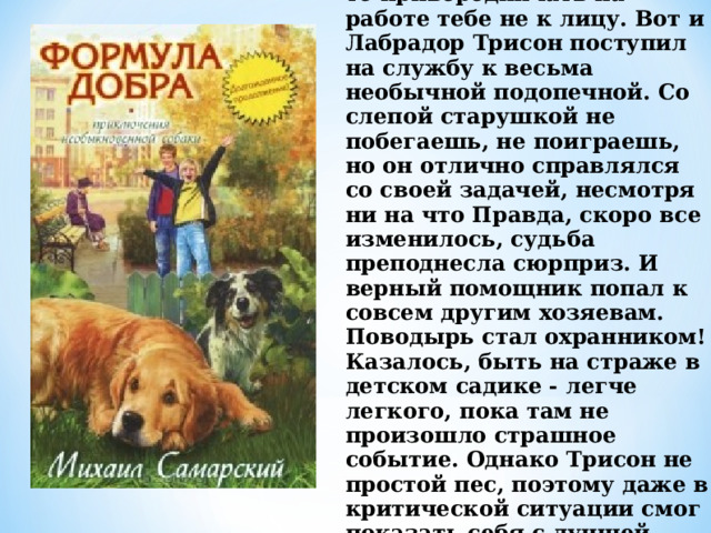 Если ты собака-поводырь, то привередничать на работе тебе не к лицу. Вот и Лабрадор Трисон поступил на службу к весьма необычной подопечной. Со слепой старушкой не побегаешь, не поиграешь, но он отлично справлялся со своей задачей, несмотря ни на что Правда, скоро все изменилось, судьба преподнесла сюрприз. И верный помощник попал к совсем другим хозяевам. Поводырь стал охранником! Казалось, быть на страже в детском садике - легче легкого, пока там не произошло страшное событие. Однако Трисон не простой пес, поэтому даже в критической ситуации смог показать себя с лучшей стороны ! 