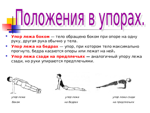 Упор лежа боком — тело обращено боком при опоре на одну руку, другая рука обычно у тела . Упор лежа на бедрах — упор, при котором тело максимально прогнуто, бедра касаются опоры или лежат на ней . Упор лежа сзади на предплечьях — аналогичный упору лежа сзади, но руки упираются предплечьями .  упор лежа упор лежа упор лежа сзади  боком на бедрах на предплечьях 