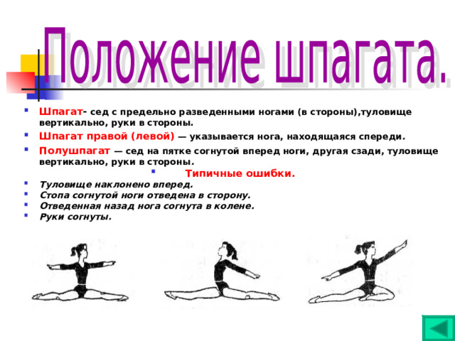 Шпагат - сед с предельно разведенными ногами (в стороны),туловище вертикально, руки в стороны. Шпагат правой (левой) — указывается нога, находящаяся спереди . Полушпагат  — сед на пятке согнутой вперед ноги, другая сзади, туловище вертикально, руки в стороны . Типичные ошибки. Туловище наклонено вперед. Стопа согнутой ноги отведена в сторону. Отведенная назад нога согнута в колене. Руки согнуты.        шпагат шпагат правой полушпагат    