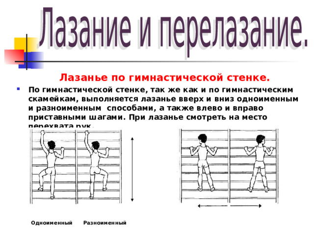  Лазанье по гимнастической стенке. По гимнастической стенке, так же как и по гимнастическим скамейкам, выполняется лазанье вверх и вниз одноименным и разноименным  способами, а также влево и вправо приставными шагами. При лазанье смотреть на место перехвата рук.          Одноименный Разноименный 