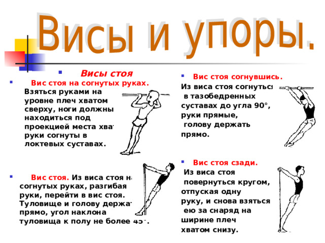 Висы стоя Вис стоя на согнутых руках.  Взяться руками на  уровне плеч хватом  сверху, ноги должны  находиться под  проекцией места хвата,  руки согнуты в  локтевых суставах.    Вис стоя. Из виса стоя на  согнутых руках, разгибая  руки, перейти в вис стоя.  Туловище и голову держать  прямо, угол наклона  туловища к полу не более 45°. Вис стоя согнувшись.  Из виса стоя согнуться  в тазобедренных суставах до угла 90°, руки прямые,  голову держать прямо.   Вис стоя сзади.  Из виса стоя  повернуться кругом, отпуская одну руку, и снова взяться  ею за снаряд на ширине плеч хватом снизу.   