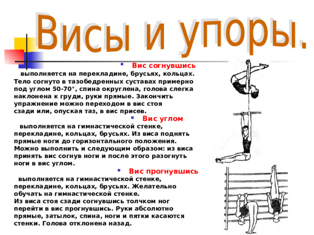 Вис согнувшись  выполняется на перекладине, брусьях, кольцах.  Тело согнуто в тазобедренных суставах примерно  под углом 50-70°, спина округлена, голова слегка  наклонена к груди, руки прямые. Закончить  упражнение можно переходом в вис стоя  сзади или, опуская таз, в вис присев. Вис углом   выполняется на гимнастической стенке,  перекладине, кольцах, брусьях. Из виса поднять  прямые ноги до горизонтального положения.  Можно выполнить и следующим образом: из виса  принять вис согнув ноги и после этого разогнуть  ноги в вис углом. Вис прогнувшись  выполняется на гимнастической стенке,  перекладине, кольцах, брусьях. Желательно  обучать на гимнастической стенке.  Из виса стоя сзади согнувшись толчком ног  перейти в вис прогнувшись. Руки абсолютно  прямые, затылок, спина, ноги и пятки касаются  стенки. Голова отклонена назад. 