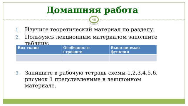Домашняя работа 6 Изучите теоретический материал по разделу. Пользуясь лекционным материалом заполните таблицу: Запишите в рабочую тетрадь схемы 1,2,3,4,5,6, рисунок 1 представленные в лекционном материале. Вид ткани Особенности строения Выполняемая функция 