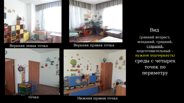 Вид ( ранний возраст, младший, средний, старший, подготовительный – нужное подчеркнуть) среды с четырех точек по периметру Верхняя левая точка Верхняя правая точка Вход в группу, нижняя левая точка Нижняя правая точка  