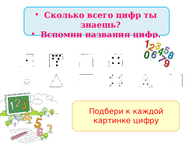 Сколько всего цифр ты знаешь? Вспомни названия цифр.  Подбери к каждой картинке цифру 