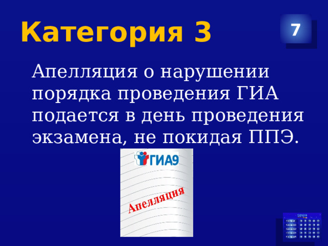 Категория 3 7  Апелляция о нарушении порядка проведения ГИА подается в день проведения экзамена, не покидая ППЭ. 