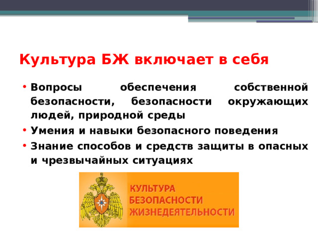 Культура БЖ включает в себя Вопросы обеспечения собственной безопасности, безопасности окружающих людей, природной среды Умения и навыки безопасного поведения Знание способов и средств защиты в опасных и чрезвычайных ситуациях 