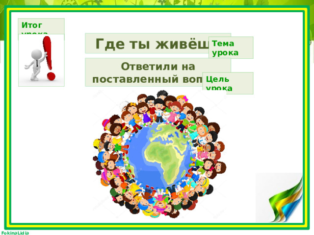 Итог урока Где ты живёшь Тема урока Ответили на поставленный вопрос Цель урока 