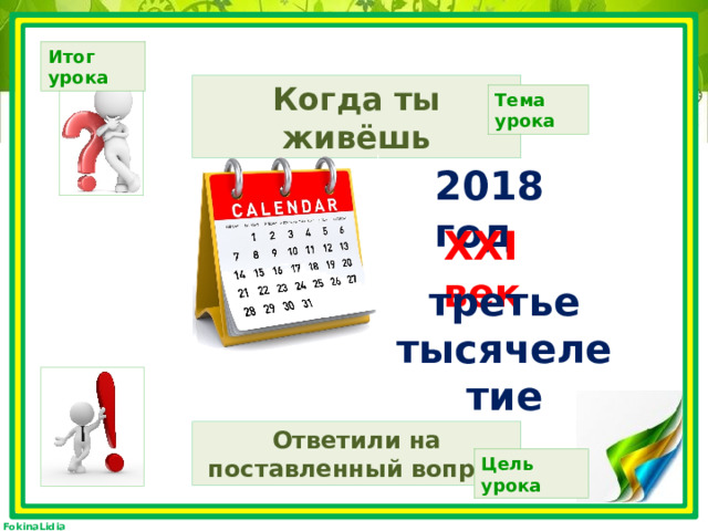 Итог урока Когда ты живёшь Тема урока 2018 год XXI век третье тысячелетие Ответили на поставленный вопрос Цель урока 