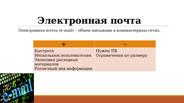 Электронная почта Электронная почта (e-mail) – обмен письмами в компьютернхы сетях. + - Быстрота Нескольким пользователям Нужен ПК Ограничения по размеру Экономия расходных материалов Различный вид информации 