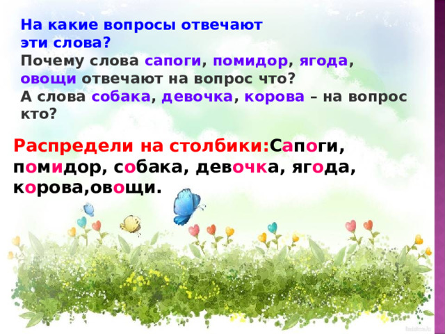 На какие вопросы отвечают эти слова? Почему слова сапоги , помидор , ягода , овощи отвечают на вопрос что? А слова собака , девочка , корова – на вопрос кто? Распредели на столбики: С а п о ги, п о м и дор, с о бака, дев очк а, яг о да, к о рова,ов о щи. 