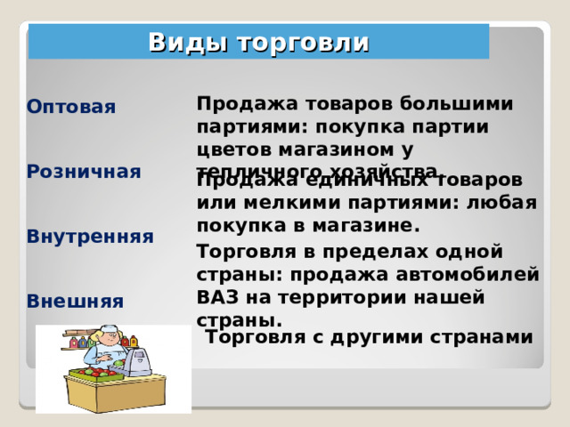 Виды торговли Продажа товаров большими партиями: покупка партии цветов магазином у тепличного хозяйства. Оптовая Розничная Внутренняя Внешняя Продажа единичных товаров или мелкими партиями: любая покупка в магазине. Торговля в пределах одной страны: продажа автомобилей ВАЗ на территории нашей страны. Торговля с другими странами 