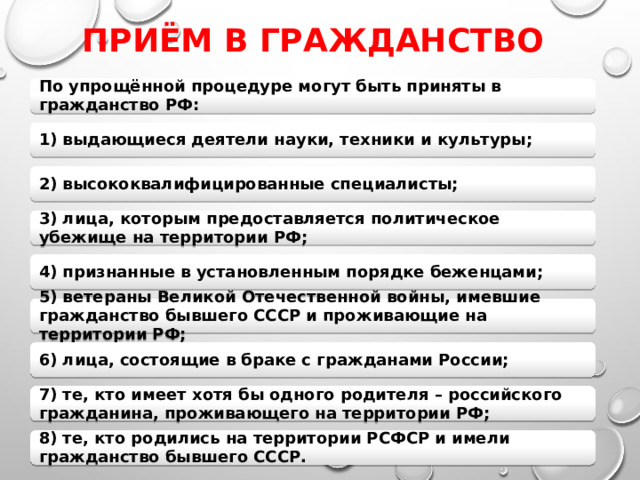 Приём в гражданство По упрощённой процедуре могут быть приняты в гражданство РФ: 1) выдающиеся деятели науки, техники и культуры; 2) высококвалифицированные специалисты; 3) лица, которым предоставляется политическое убежище на территории РФ; 4) признанные в установленным порядке беженцами; 5) ветераны Великой Отечественной войны, имевшие гражданство бывшего СССР и проживающие на территории РФ; 6) лица, состоящие в браке с гражданами России; 7) те, кто имеет хотя бы одного родителя – российского гражданина, проживающего на территории РФ; 8) те, кто родились на территории РСФСР и имели гражданство бывшего СССР. 