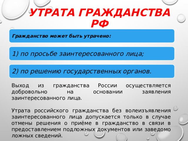 Утрата гражданства РФ Гражданство может быть утрачено: 1) по просьбе заинтересованного лица; 2) по решению государственных органов. Выход из гражданства России осуществляется добровольно на основании заявления заинтересованного лица. Утрата российского гражданства без волеизъявления заинтересованного лица допускается только в случае отмены решения о приёме в гражданство в связи в предоставлением подложных документов или заведомо ложных сведений. 