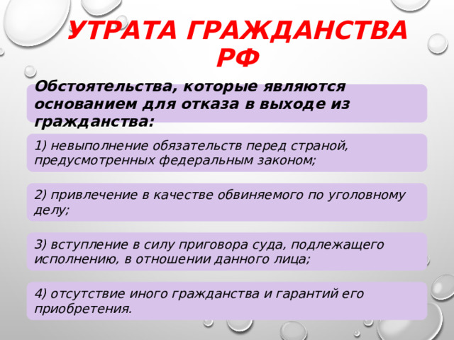 Утрата гражданства РФ Обстоятельства, которые являются основанием для отказа в выходе из гражданства: 1) невыполнение обязательств перед страной, предусмотренных федеральным законом; 2) привлечение в качестве обвиняемого по уголовному делу; 3) вступление в силу приговора суда, подлежащего исполнению, в отношении данного лица; 4) отсутствие иного гражданства и гарантий его приобретения. 