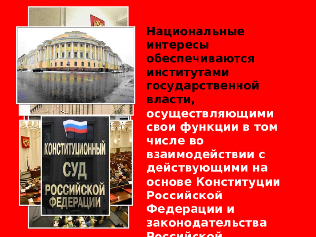 Национальные интересы обеспечиваются институтами государственной власти, осуществляющими свои функции в том числе во взаимодействии с действующими на основе Конституции Российской Федерации и законодательства Российской Федерации общественными организациями. 