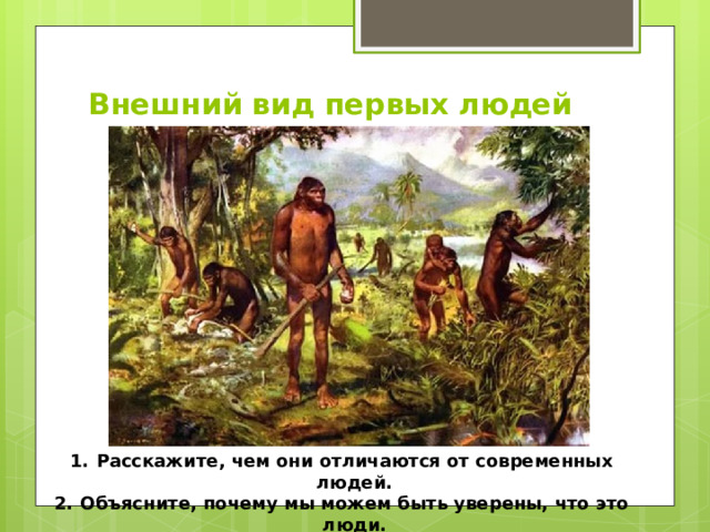 Внешний вид первых людей Расскажите, чем они отличаются от современных людей. Объясните, почему мы можем быть уверены, что это люди. 