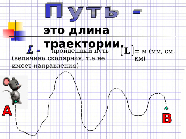 это длина траектории. L  пройденный путь (величина скалярная, т.е.не имеет направления) = м (мм, см, км) 