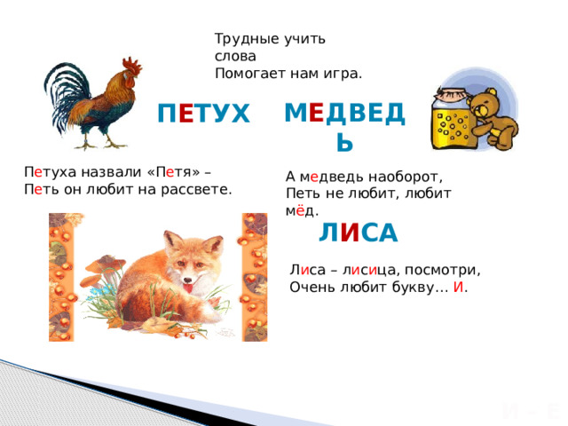 Трудные учить слова Помогает нам игра. м е дведь п е тух П е туха назвали «П е тя» – П е ть он любит на рассвете. А м е дведь наоборот, Петь не любит, любит м ё д. Л и са Л и са – л и с и ца, посмотри, Очень любит букву… И . И – Е 