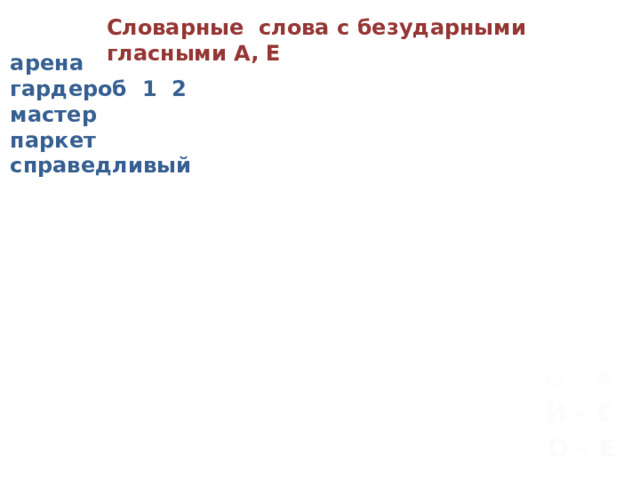 Словарные слова с безударными гласными А, Е арена гардероб 1 2 мастер паркет справедливый О – А И – Е О – Е 