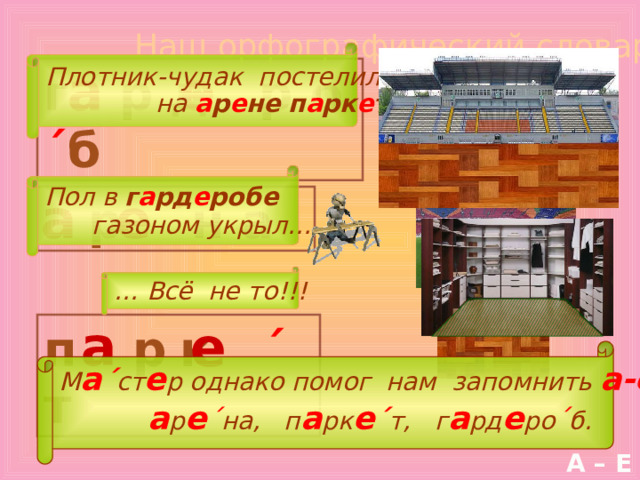 Наш орфографический словарь Плотник-чудак постелил  на а р е не  п а рк е т , а е г р д р о ´ б Пол в г а рд е робе  газоном укрыл… а е   р    ´ н а … Всё не то!!! е п  р  к ´  т а М а ´ ст е р однако помог нам запомнить  а-е  :  а р е ´ на, п а рк е ´ т, г а рд е ро ´ б. А – Е 