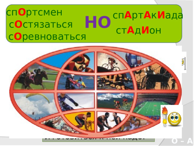  сп О ртсмен сп А рт А к И ада НО с О стязаться ст А д И он с О ревноваться Сп О ртом надо заниматься, С О ревноваться, с О стязаться! Ждёт сп О ртсмена ст А дион - Сто потов прольёт там он. Впереди сп А рт А киада И готовиться к ней надо! О – А 