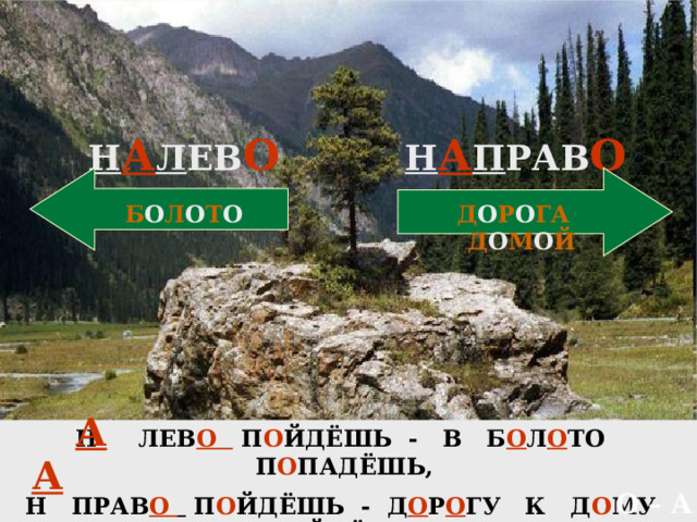 Н А Л ЕВ О Н А П РАВ О Д О Р О ГА Д О М О Й Б О Л О Т О А Н ЛЕВ О  П О ЙДЁШЬ - В Б О Л О ТО П О ПАДЁШЬ,  Н ПРАВ О  П О ЙДЁШЬ - Д О Р О ГУ К Д О МУ НАЙДЁШЬ .  А О – А 