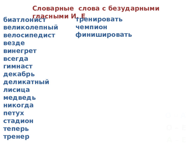 Словарные слова с безударными гласными И, Е тренировать чемпион финишировать биатлонист великолепный велосипедист везде винегрет всегда гимнаст декабрь деликатный лисица медведь никогда петух стадион теперь тренер О – А О – Е А – Е 