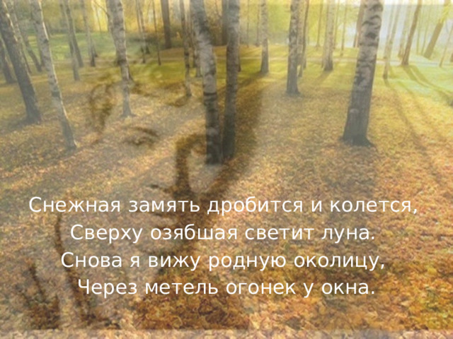 Снежная замять дробится и колется, Сверху озябшая светит луна. Снова я вижу родную околицу, Через метель огонек у окна. 
