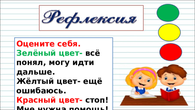Оцените себя. Зелёный цвет- всё понял, могу идти дальше. Жёлтый цвет- ещё ошибаюсь. Красный цвет- стоп! Мне нужна помощь! 