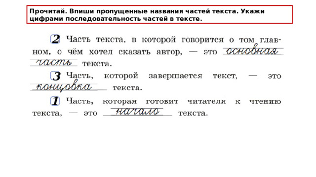 Прочитай. Впиши пропущенные названия частей текста. Укажи цифрами последовательность частей в тексте. 2 3 1 