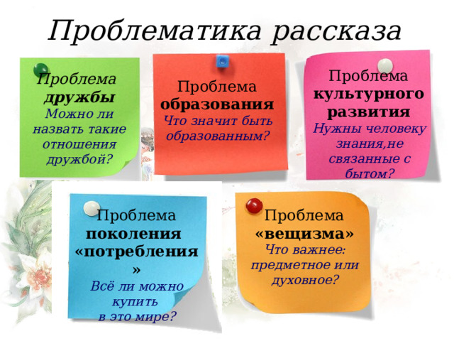 Проблематика рассказа Проблема культурного развития Нужны человеку знания,не связанные с бытом? Проблема  дружбы Можно ли назвать такие отношения дружбой?  Проблема образования Что значит быть образованным? Проблема Проблема «вещизма» поколения «потребления» Что важнее: предметное или духовное? Всё ли можно купить в это мире? 