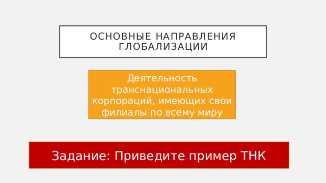 Основные направления глобализации Деятельность транснациональных корпораций, имеющих свои филиалы по всему миру Задание: Приведите пример ТНК 