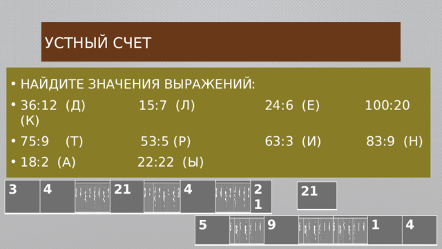 Устный счет Найдите значения выражений: 36:12 (Д) 15:7 (Л) 24:6 (Е) 100:20 (К) 75:9 (Т) 53:5 (Р) 63:3 (И) 83:9 (Н) 18:2 (А) 22:22 (Ы) 3 3 4 4 2 21 21 8 4 4 2 21 21 21 5 5 10 9 9 8 9 1 1 4 4 