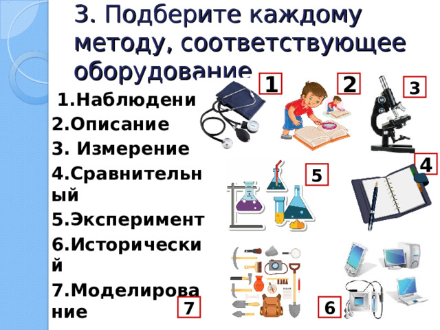 3. Подберите каждому методу, соответствующее оборудование 1 2 3  1.Наблюдение 2.Описание 3. Измерение 4.Сравнительный 5.Эксперимент 6.Исторический 7.Моделирование  4 5 6 7 