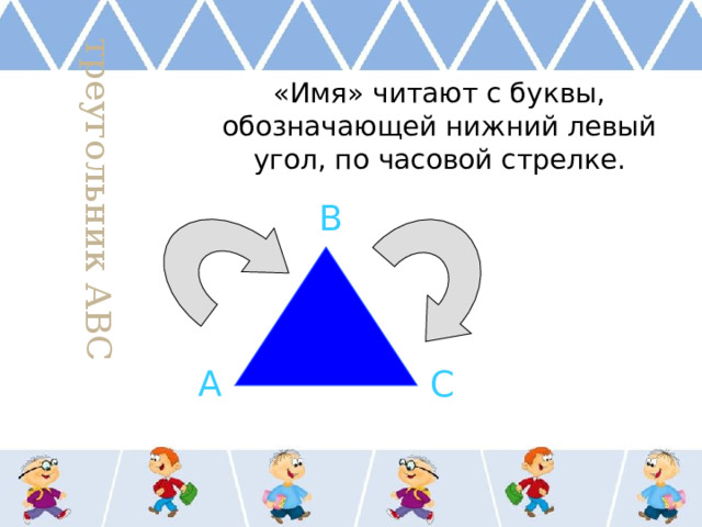 треугольник АВС «Имя» читают с буквы, обозначающей нижний левый угол, по часовой стрелке. В А С 