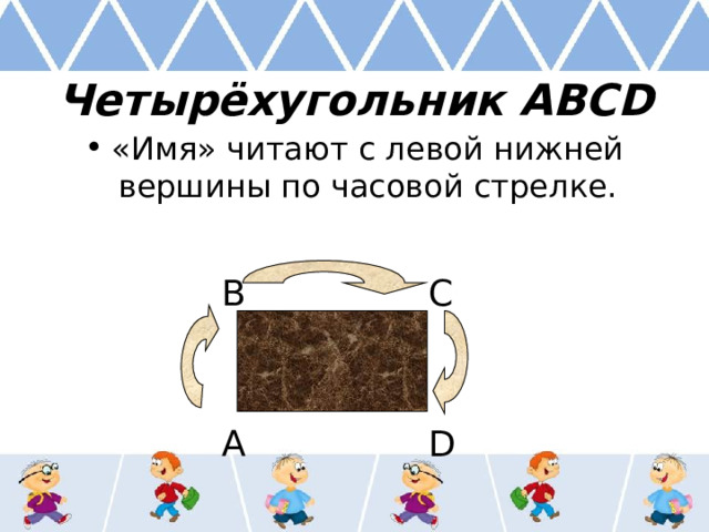 Четырёхугольник АВСD «Имя» читают с левой нижней вершины по часовой стрелке. В С А D 