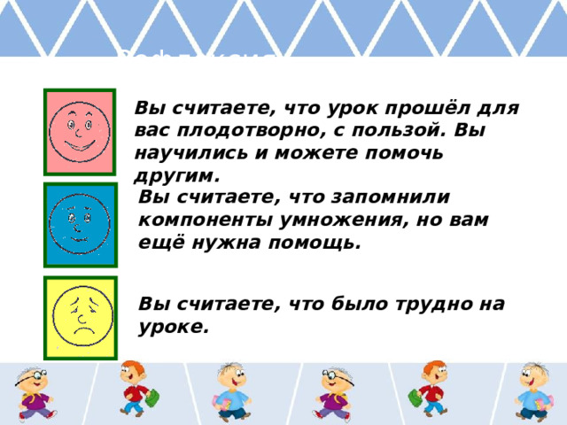 Рефлексия Вы считаете, что урок прошёл для вас плодотворно, с пользой. Вы научились и можете помочь другим. Вы считаете, что запомнили компоненты умножения, но вам ещё нужна помощь. Вы считаете, что было трудно на уроке. 