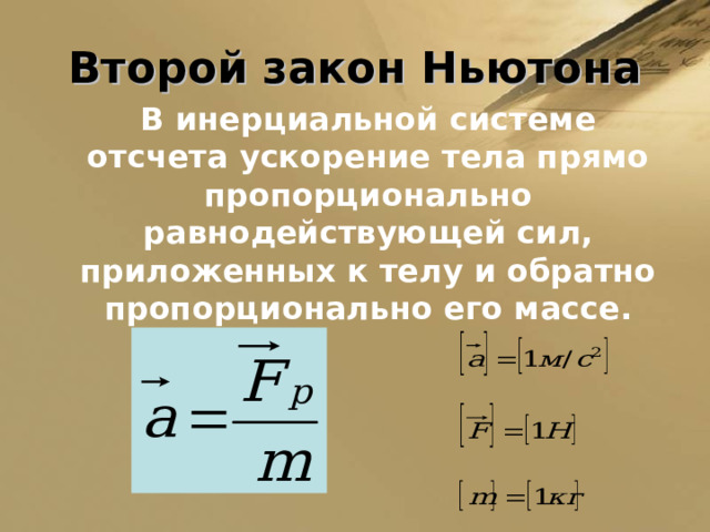 Второй закон Ньютона  В инерциальной системе отсчета ускорение тела прямо пропорционально равнодействующей сил, приложенных к телу и обратно пропорционально его массе. 