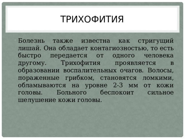 Трихофития Болезнь также известна как стригущий лишай. Она обладает контагиозностью, то есть быстро передается от одного человека другому. Трихофития проявляется в образовании воспалительных очагов. Волосы, пораженные грибком, становятся ломкими, обламываются на уровне 2-3 мм от кожи головы. Больного беспокоит сильное шелушение кожи головы. 