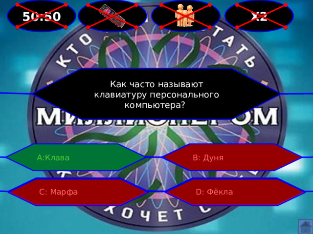 50:50 Х2   Как часто называют клавиатуру персонального компьютера? В: Дуня А:Клава С: Марфа D: Фёкла 