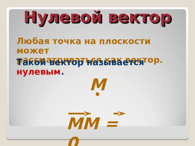 Нулевой вектор Любая точка на плоскости может рассматриваться как вектор. Такой вектор называется нулевым . М ММ = 0