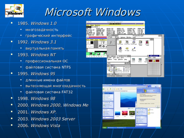 Microsoft Windows 198 5 . Windows 1.0 многозадачность графический интерфейс многозадачность графический интерфейс 1992. Windows 3.1 виртуальная память виртуальная память 1993. Windows NT профессиональная ОС файловая система NTFS профессиональная ОС файловая система NTFS 1995. Windows 95 длинные имена файлов вытесняющая многозадачность файловая система FAT32 длинные имена файлов вытесняющая многозадачность файловая система FAT32 1998. Windows 98 2000. Windows 2000, Windows Me 2001. Windows XP. 2003. Windows 2003 Server 2006. Windows Vista 