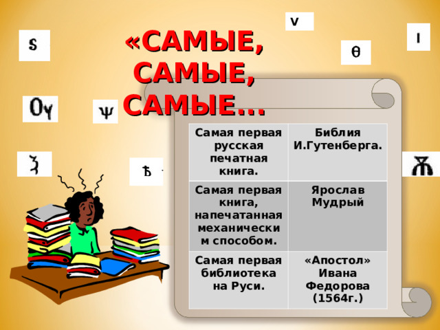  V «САМЫЕ, САМЫЕ, САМЫЕ... Самая первая русская печатная книга. Библия И.Гутенберга. Самая первая книга, напечатанная механическим способом. Ярослав Мудрый Самая первая библиотека на Руси. «Апостол» Ивана Федорова (1564г.)  